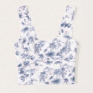 Abercrombie Cropped Linen-Blend Corset Top in blue/white toile print Sz M